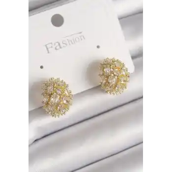 Pirinç Gold Renk Zirkon Taşlı Kadın Küpe