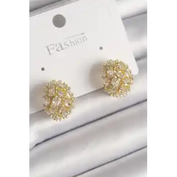 Pirinç Gold Renk Zirkon Taşlı Kadın Küpe