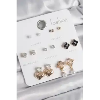 Pirinç Gold Renk Zirkon Taşlı Kalp Figür Siyah Yonca Detay 7 Çift Kadın Küpe Seti
