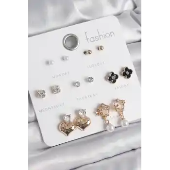 Pirinç Gold Renk Zirkon Taşlı Kalp Figür Siyah Yonca Detay 7 Çift Kadın Küpe Seti