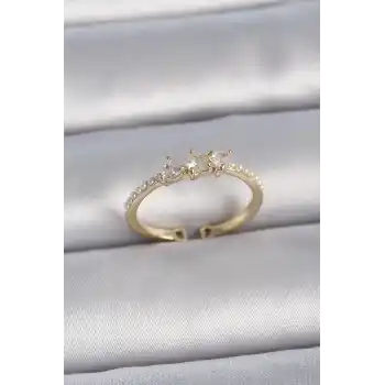 Pirinç Gold Renk Zirkon Taşlı Kalp İnci Detaylı Ayarlanabilir Model Kadın Yüzük