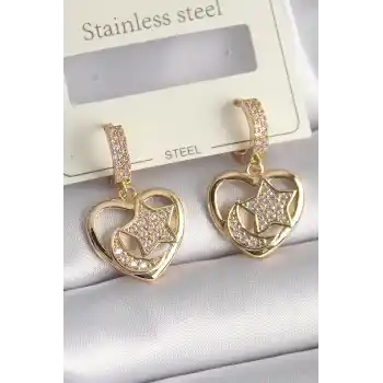 Pirinç Gold Renk Zirkon Taşlı Kalp Model Ay Yıldız İşleme Kadın Küpe