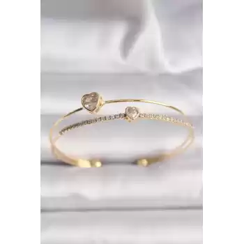 Pirinç Gold Renk Zirkon Taşlı Kalp Model Kadın Bileklik