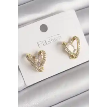Pirinç Gold Renk Zirkon Taşlı Kalp Model Kadın Küpe