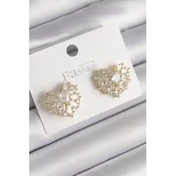 Pirinç Gold Renk Zirkon Taşlı Kalp Model Kadın Küpe