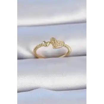 Pirinç Gold Renk Zirkon Taşlı Kalp Model Kadın Yüzük