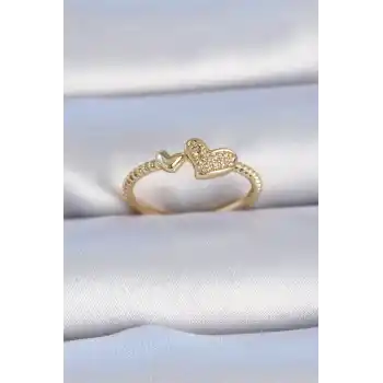 Pirinç Gold Renk Zirkon Taşlı Kalp Model Kadın Yüzük