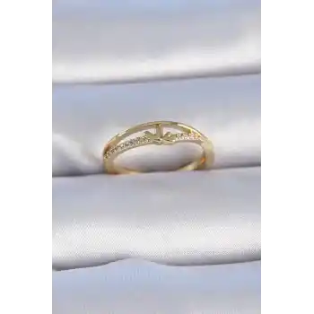 Pirinç Gold Renk Zirkon Taşlı Kalp Model Kadın Yüzük