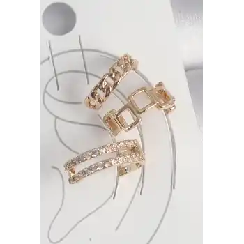 Pirinç Gold Renk Zirkon Taşlı Kare Zincir Model Kadın Kıkırdak Küpe