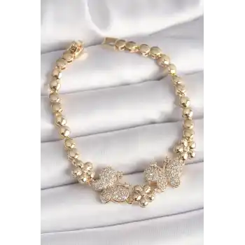 Pirinç Gold Renk Zirkon Taşlı Kelebek Figür Çiçek Zincir Model Kadın Bileklik