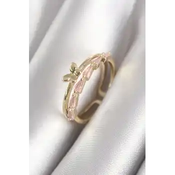 Pirinç Gold Renk Zirkon Taşlı Kelebek Figür Kadın Yüzük