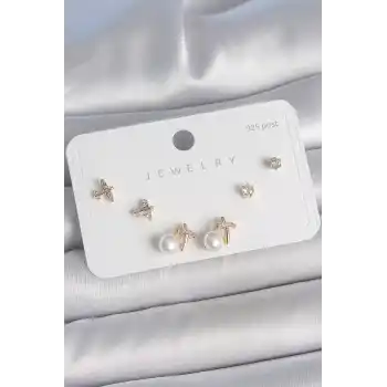 Pirinç Gold Renk Zirkon Taşlı Kelebek Model İnci Detay 925 Ayar Gümüş Çivi Kadın Küpe Seti