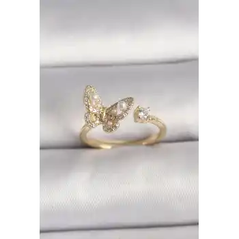 Pirinç Gold Renk Zirkon Taşlı Kelebek Model İnci Detay Ayarlanabilir Yüzük
