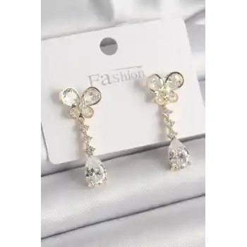 Pirinç Gold Renk Zirkon Taşlı Kelebek Model Sallantı Damla Zirkon Taş Kadın Küpe