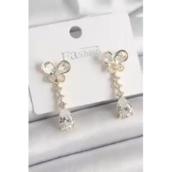 Pirinç Gold Renk Zirkon Taşlı Kelebek Model Sallantı Damla Zirkon Taş Kadın Küpe