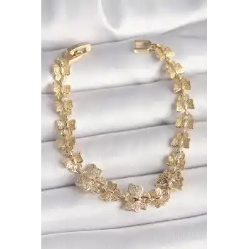 Pirinç Gold Renk Zirkon Taşlı Kelebek Model Zincir Kadın Bileklik