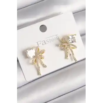 Pirinç Gold Renk Zirkon Taşlı Kurdele Model Kadın Küpe
