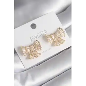 Pirinç Gold Renk Zirkon Taşlı Kurdele Model Kadın Küpe