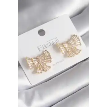 Pirinç Gold Renk Zirkon Taşlı Kurdele Model Kadın Küpe