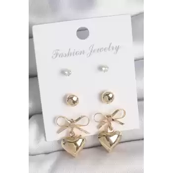 Pirinç Gold Renk Zirkon Taşlı Kurdele Sallantılı Kalp Model 3 Çift Kadın Küpe Seti