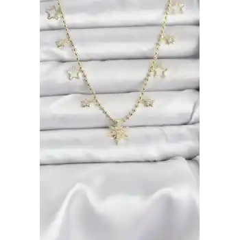 Pirinç Gold Renk Zirkon Taşlı Kutup Yıldızı Model Kadın Kolye