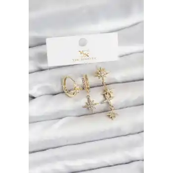 Pirinç Gold Renk Zirkon Taşlı Kutup Yıldızı Model YSX Trio Küpe Seti
