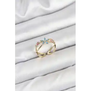 Pirinç Gold Renk Zirkon Taşlı Mavi Çiçekli Kadın Yüzük