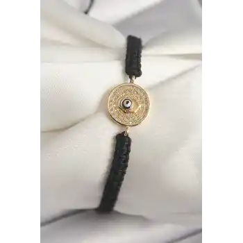 Pirinç Gold Renk Zirkon Taşlı Nazar Boncuk İşleme Makrome Asansörlü Model Kadın Bileklik