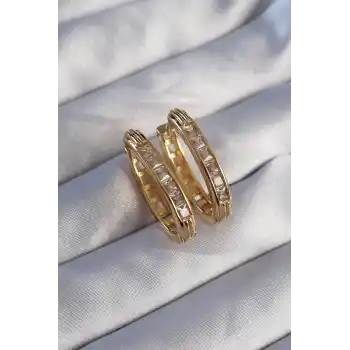 Pirinç Gold Renk Zirkon Taşlı Oval Model Küpe
