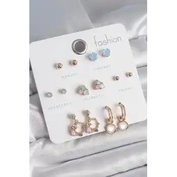 Pirinç Gold Renk Zirkon Taşlı Sallantı Halka Figür Kalp Detay 7 Çift Kadın Küpe