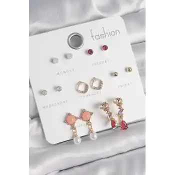 Pirinç Gold Renk Zirkon Taşlı Sallantı İnci Detay 7 Çift Kadın Küpe