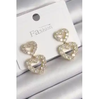 Pirinç Gold Renk Zirkon Taşlı Sallantı Kalp Model Kadın Küpe