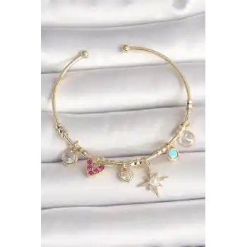 Pirinç Gold Renk Zirkon Taşlı Sallantı Kutup Yıldız Figür İnci Detay Charm Kadın Bileklik