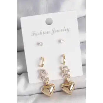 Pirinç Gold Renk Zirkon Taşlı Sallantılı Kalp Model Yarım Halka Detay 3 Çift Kadın Küpe Seti