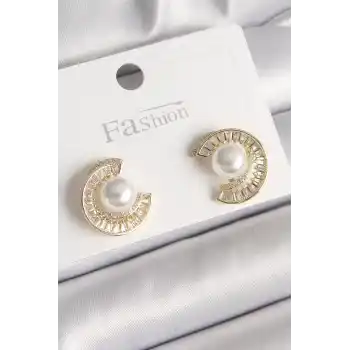 Pirinç Gold Renk Zirkon Taşlı Salyangoz Model İnci Detay Kadın Küpe