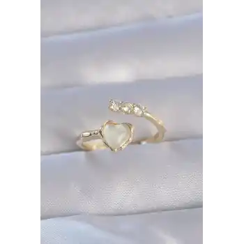 Pirinç Gold Renk Zirkon Taşlı Sedefli Kalp Model Ayarlanabilir Yüzük
