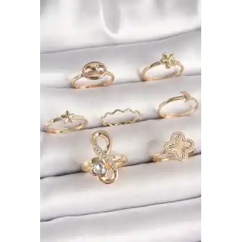 Pirinç Gold Renk Zirkon Taşlı Sonsuzluk Figür Yıldız Detay Kadın Yüzük Kombini