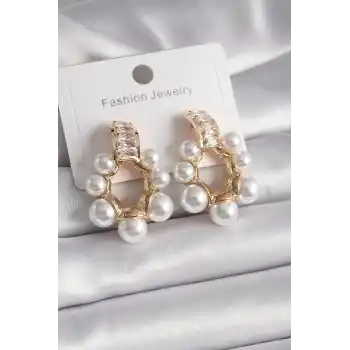 Pirinç Gold Renk Zirkon Taşlı Su Yolu İncili Halka Model Kadın Küpe