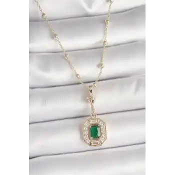 Pirinç Gold Renk Zirkon Taşlı Topçuk Zincir Serenay Model Kadın Kolye