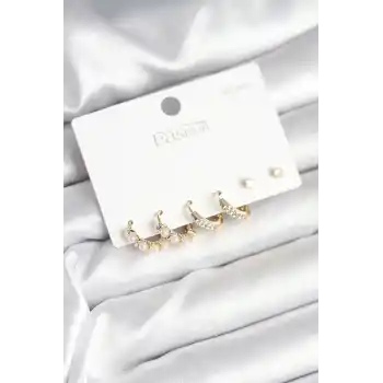Pirinç Gold Renk Zirkon Taşlı ve İncili Model 925 Ayar Gümüş Çivi Kadın Küpe Seti