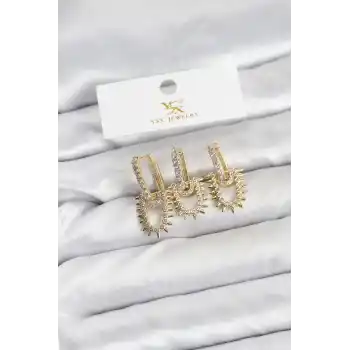 Pirinç Gold Renk Zirkon Taşlı Vintage Model YSX Trio Küpe Seti