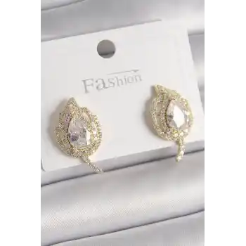 Pirinç Gold Renk Zirkon Taşlı Yaprak Model Kadın Küpe