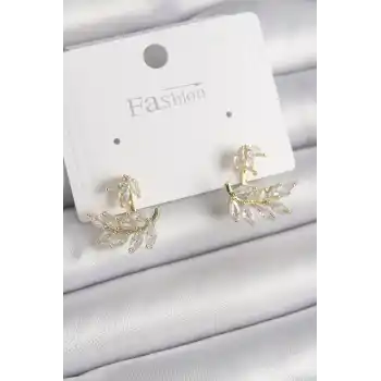 Pirinç Gold Renk Zirkon Taşlı Yaprak Model Kadın Küpe