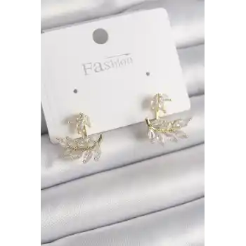 Pirinç Gold Renk Zirkon Taşlı Yaprak Model Kadın Küpe