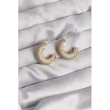 Pirinç Gold Renk Zirkon Taşlı Yarım Halka Küpe