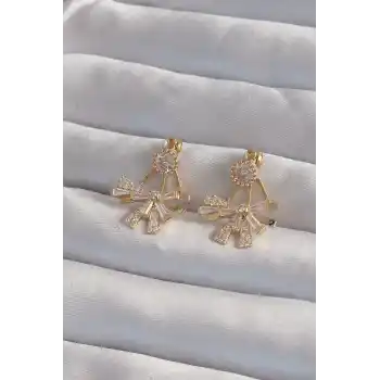 Pirinç Gold Renk Zirkon Taşlı Yassı Fiyonk Model Küpe