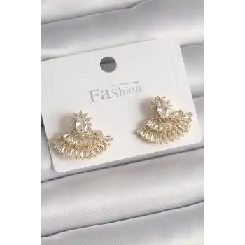 Pirinç Gold Renk Zirkon Taşlı Yelpaze Model Kadın Küpe