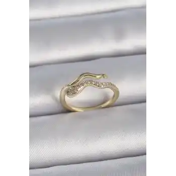 Pirinç Gold Renk Zirkon Taşlı Yılan Ayarlanabilir Model Kadın Yüzük