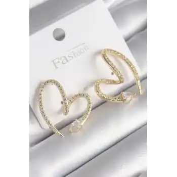Pirinç Gold Renk Zirkon Taşlı Yılan Kalp Model Kadın Küpe