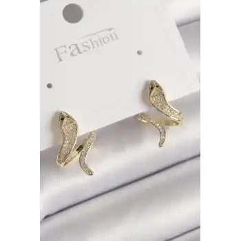 Pirinç Gold Renk Zirkon Taşlı Yılan Model Kadın Küpe